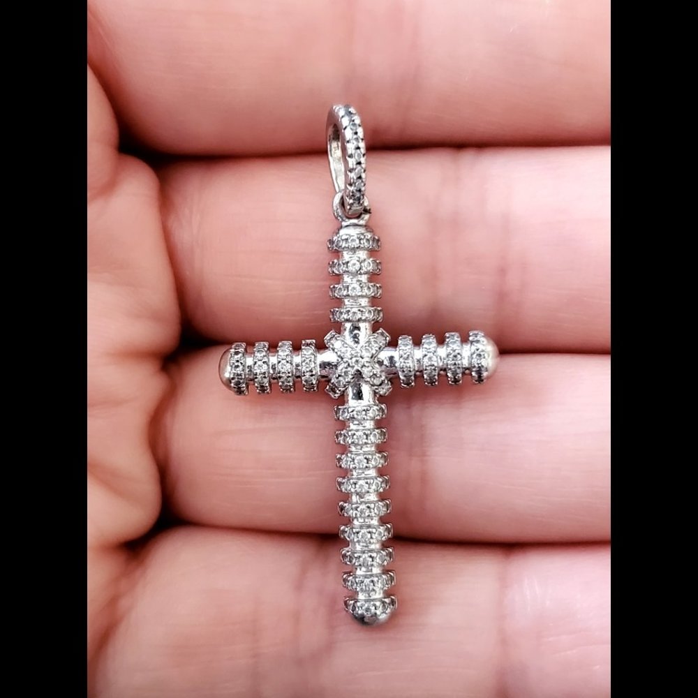 Men Women 925 Sterling Silver Micro Pave Cubic Zirconia Cross Pendant